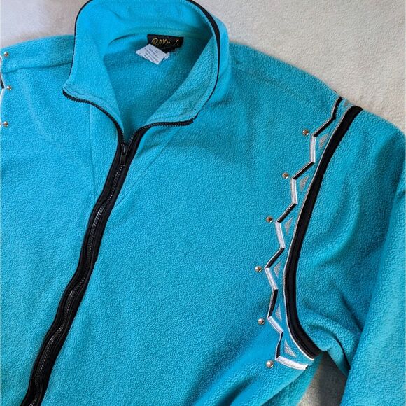 Bob Mackie Wearable Art Fleece Jacket Women's 2XL Blue Geometric Embroidered - Picture 4 of 7